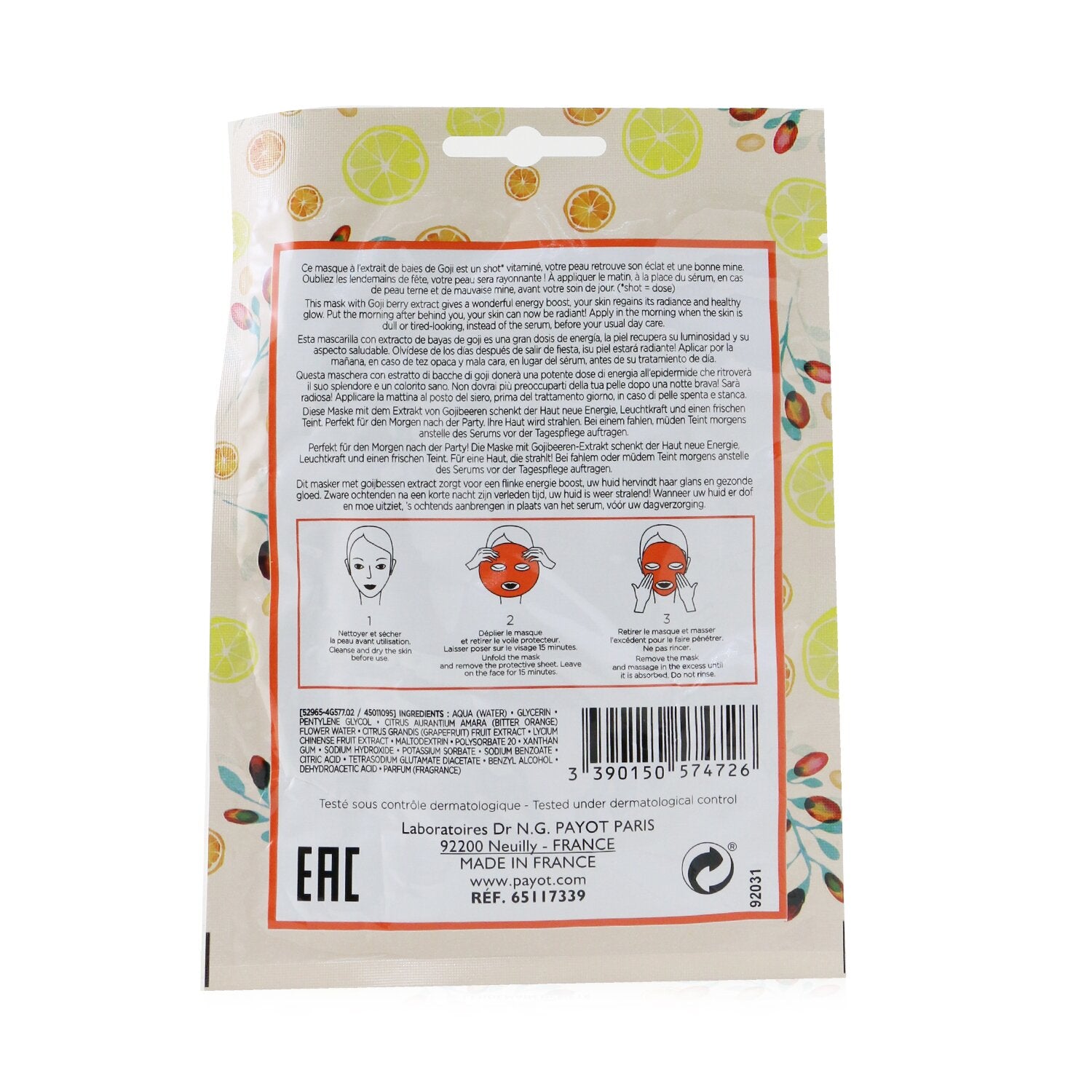 Payot Morning Mask (Hangover) - Detox &amp; Radiance Sheet Mask 15pcs